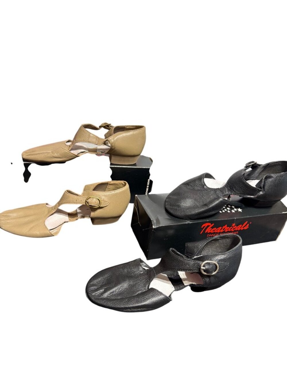 2 Pair Theatricals Womens Leather Jazz Dance Shoes Buckle Black Tan Size 7.5